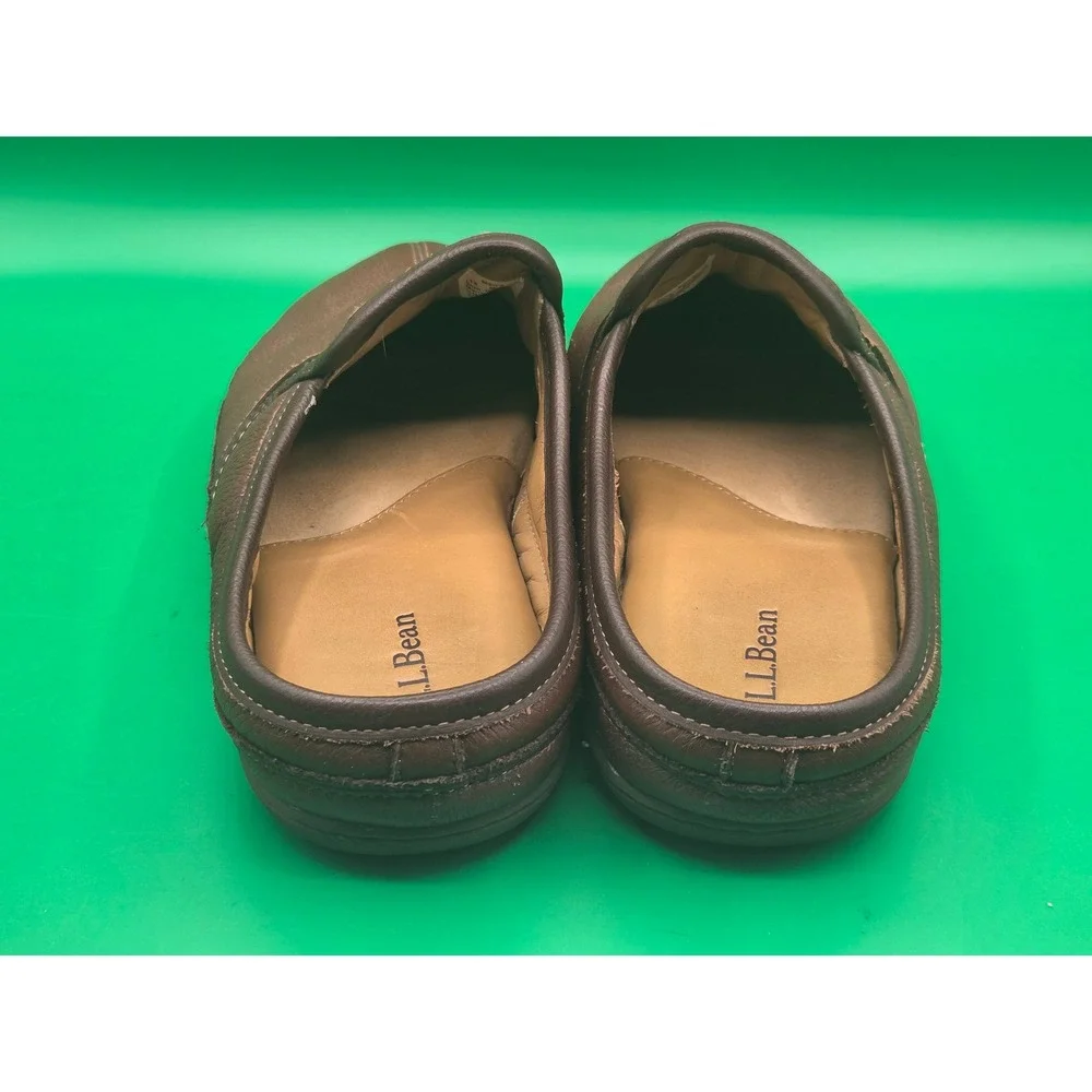 LL Bean Mens Handsewn Leather Slippers Brown Scuff House Shoes 13 M 272349